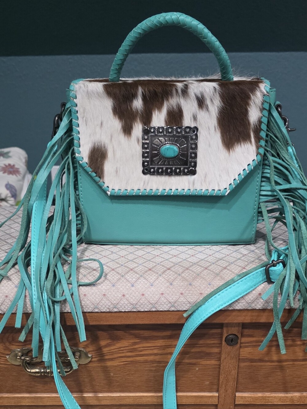 Turquoise Leather Fringe Crossbody Bag with Real Haircalf Accent